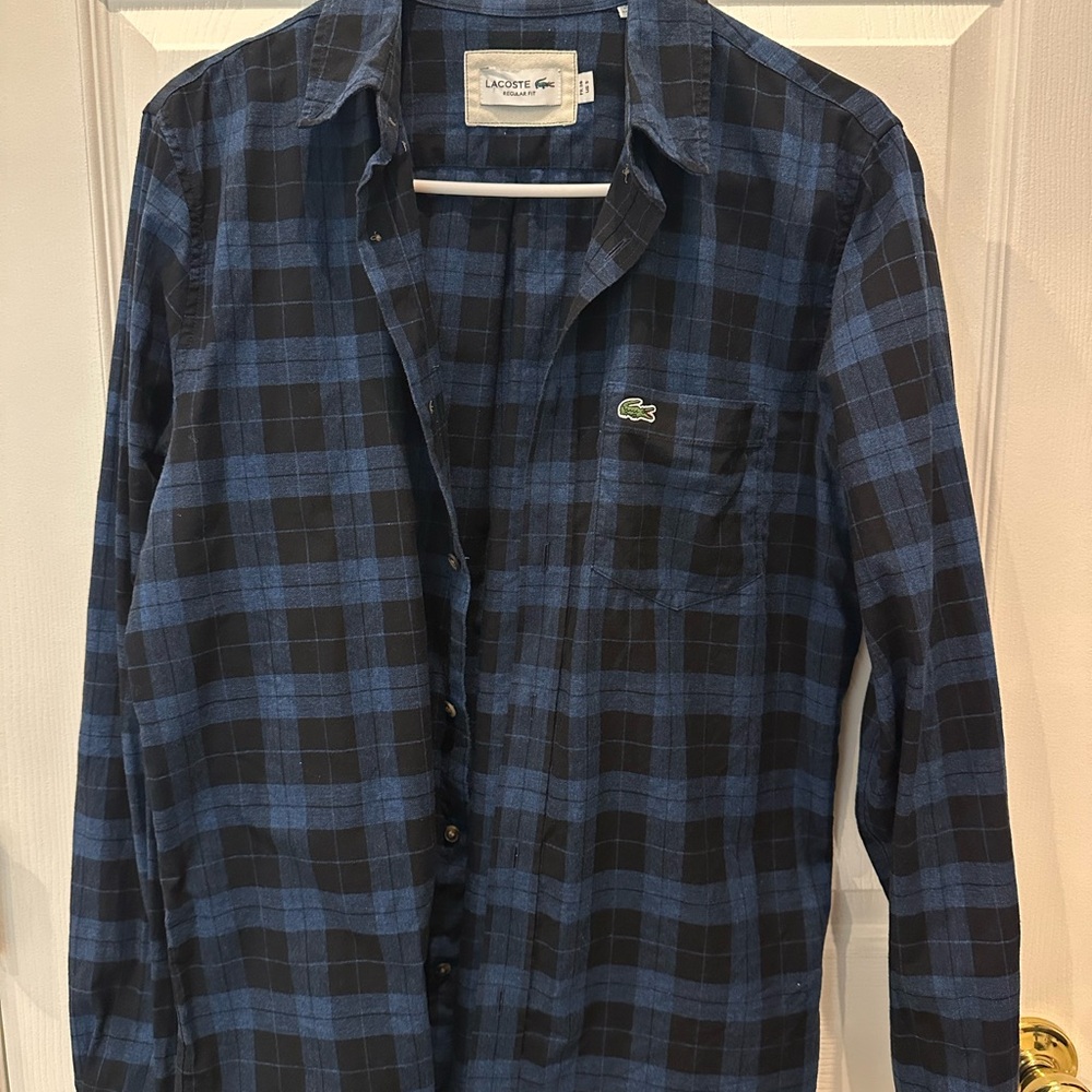 Lacoste Blue and Black Plaid Long-Sleeve Button-Down Shirt